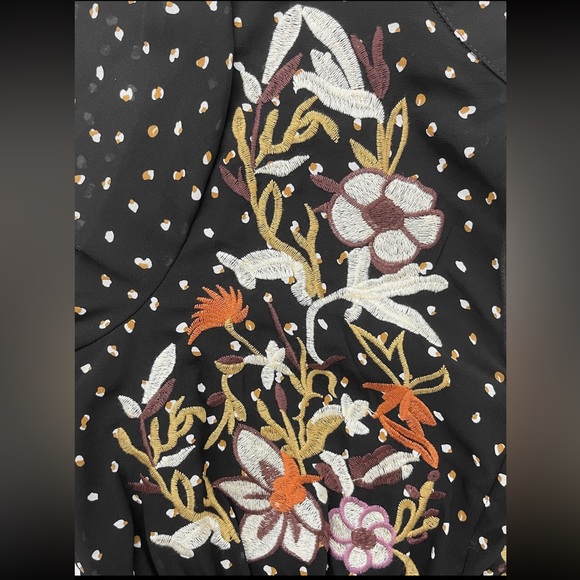 Boho Black Polka Dot Floral Embroidered Long Sleeve Maxi Dress - Picture 6 of 9